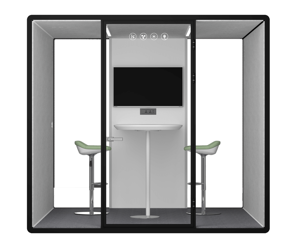 A soundproof meeting pod with comfortable seating and a spacious interior, perfect for meetings.