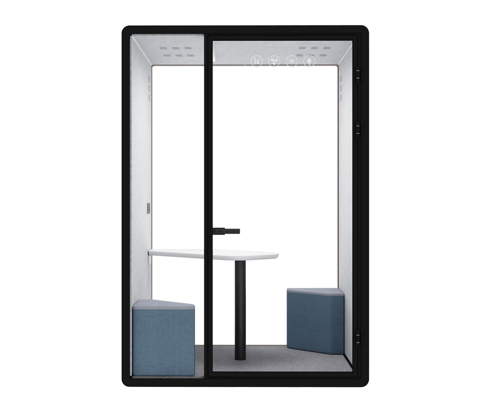 Silentbox Acoustic office pods with soundproof glass and a minimalist design, perfect for private meetings or work.