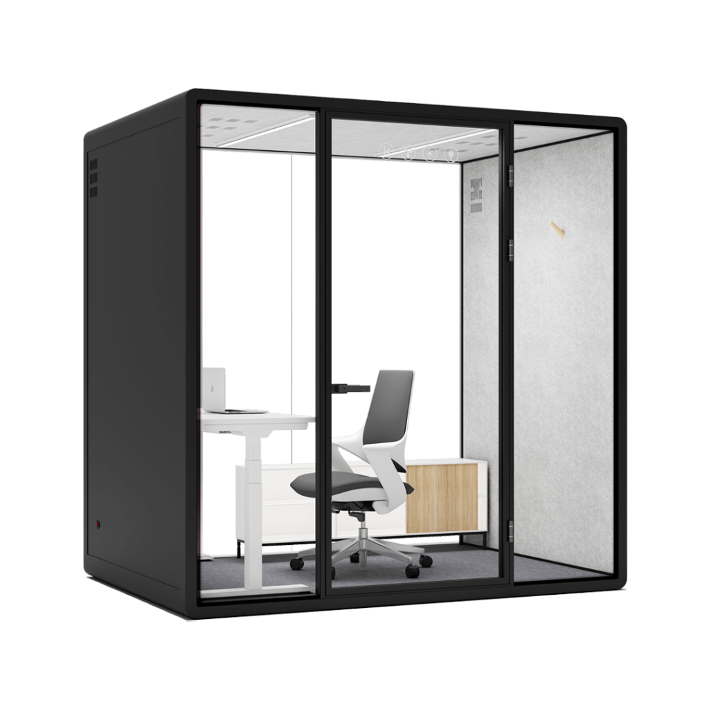 Efficient office meeting booth with comfortable seating and ample table space.