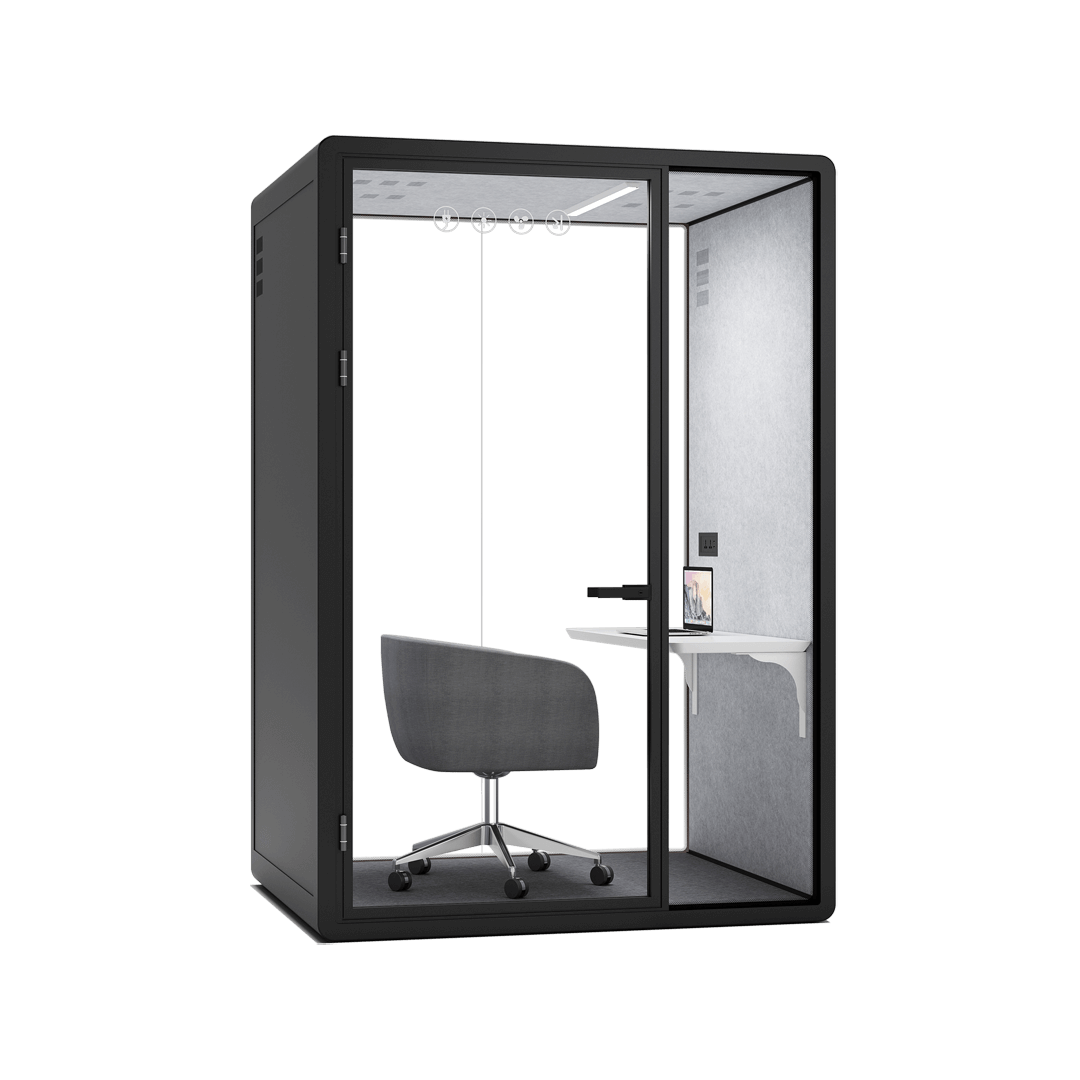 An affordable office phone booth with soundproof glasses and a comfortable chair, providing a private workspace.