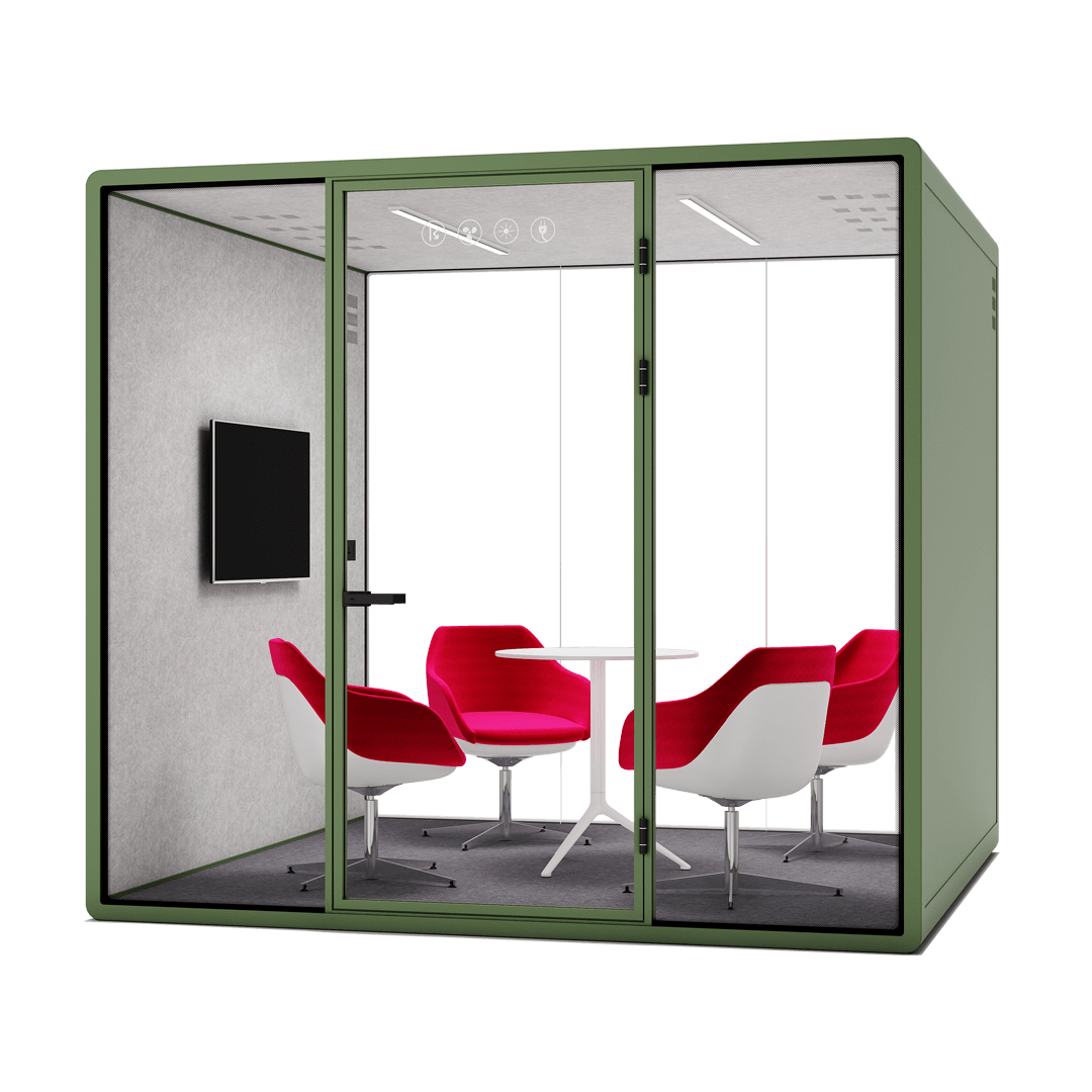 A soundproof pod for offices with a minimalist design, providing a peaceful environment for work.