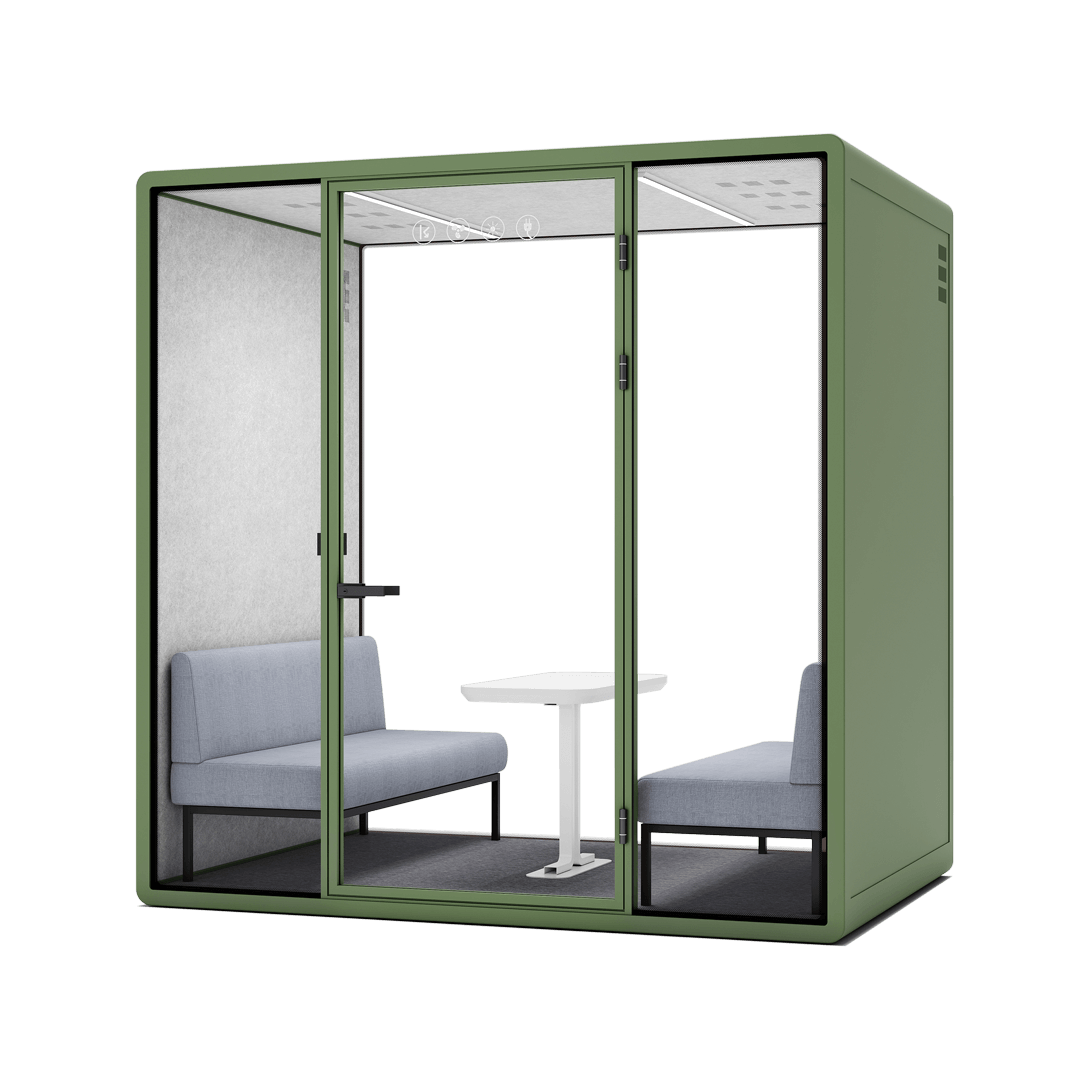 Stylish coworking phone booth for private calls in a shared workspace.