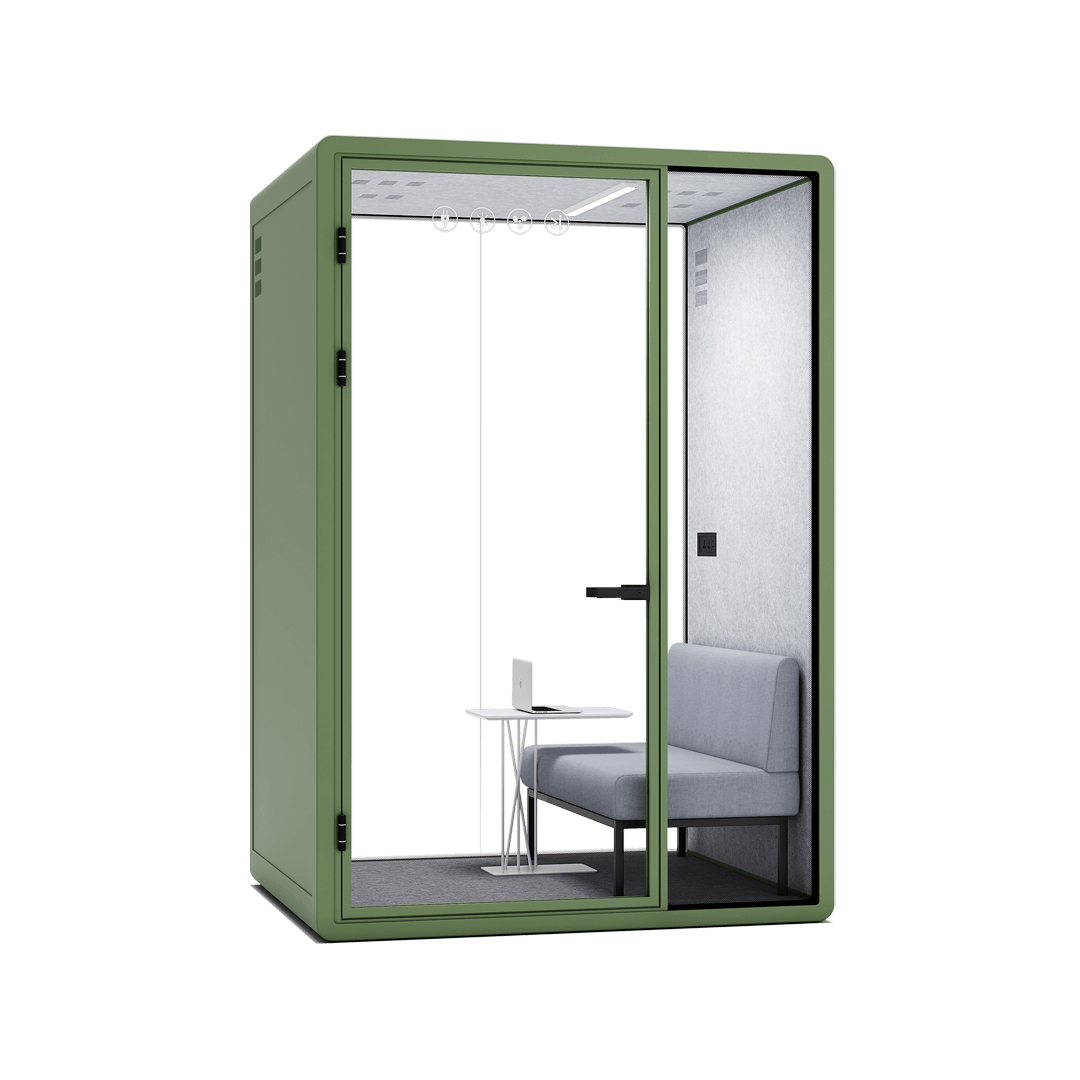 A 2 person phone booth with soundproof glasses and comfortable seating, perfect for private meetings or phone calls.
