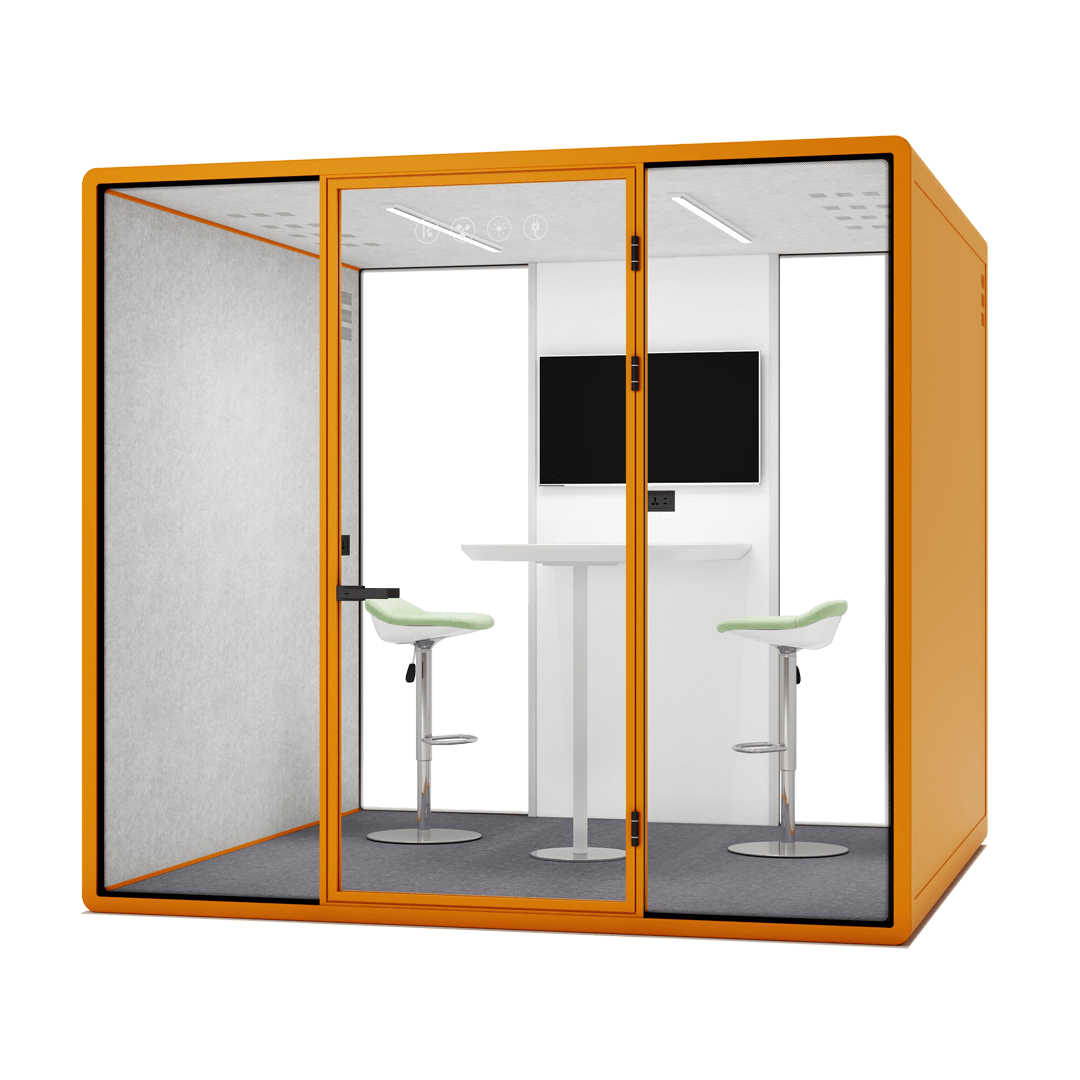 An office soundproof pod by Silentbox with soundproof walls and comfortable seating, perfect for privacy.