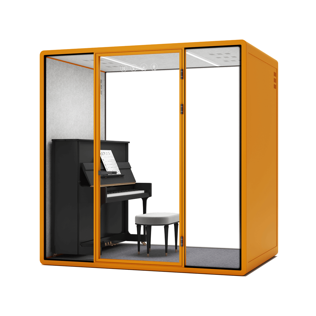 High-tech office phone pods with adjustable lighting and ventilation for comfort.