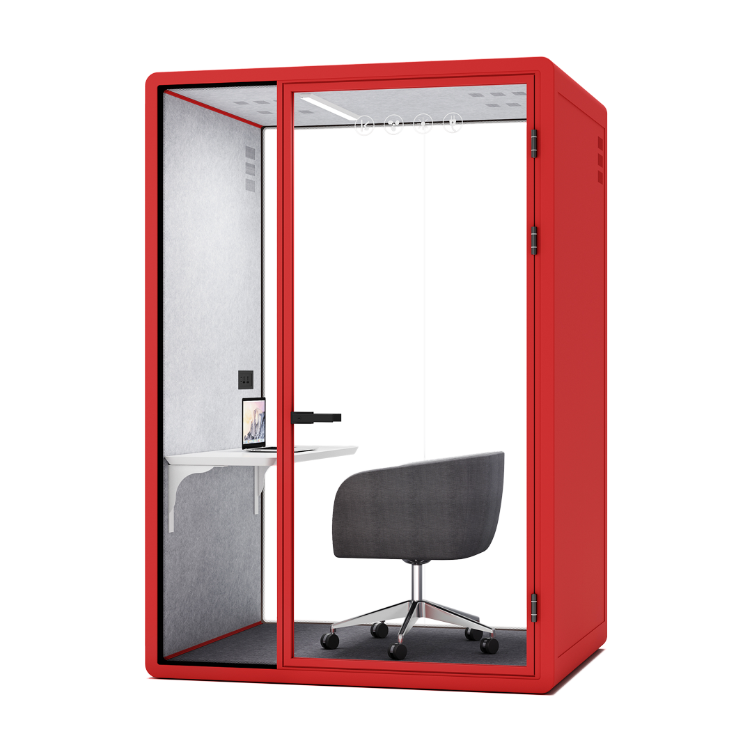 A 2 person phone booth with a sleek design and soundproof walls, perfect for private meetings or phone calls.