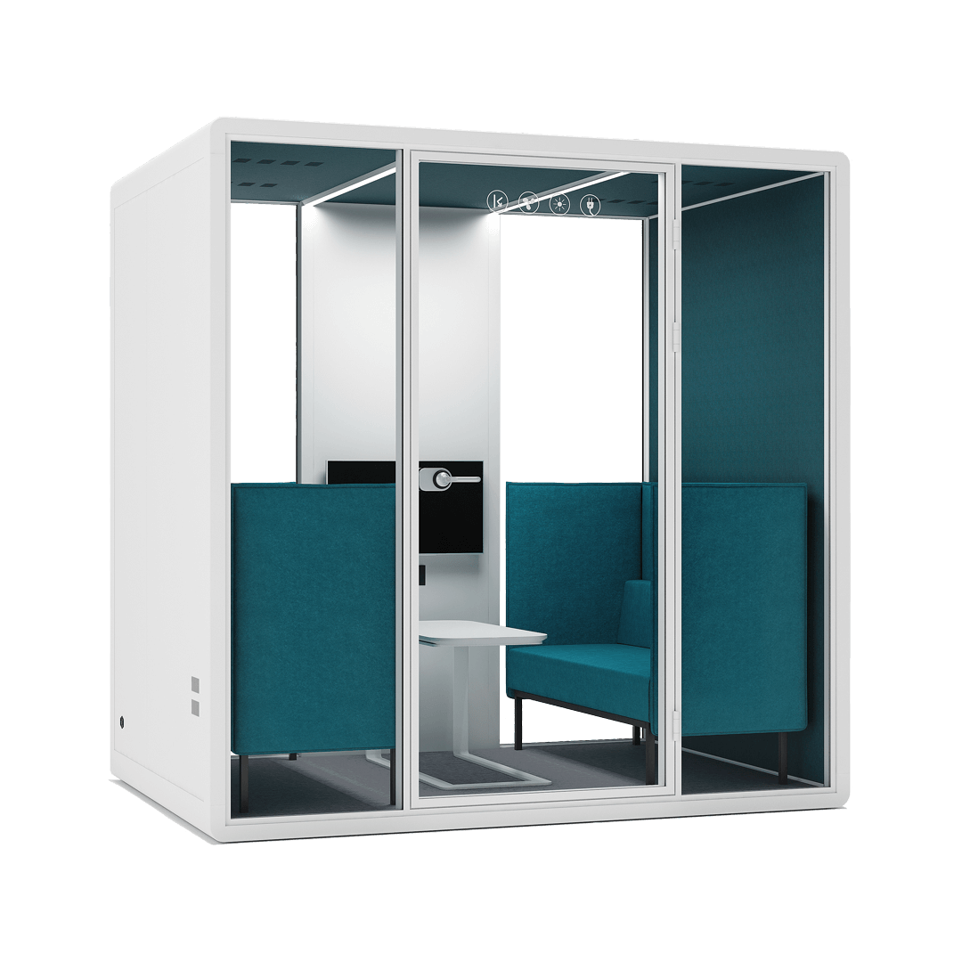Four person office phone booth by Silentbox with modern design and soundproof glasses.