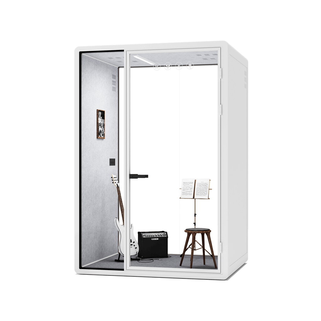 A modern office phone booth with a sleek design and comfortable seating, perfect for private phone calls or meetings.