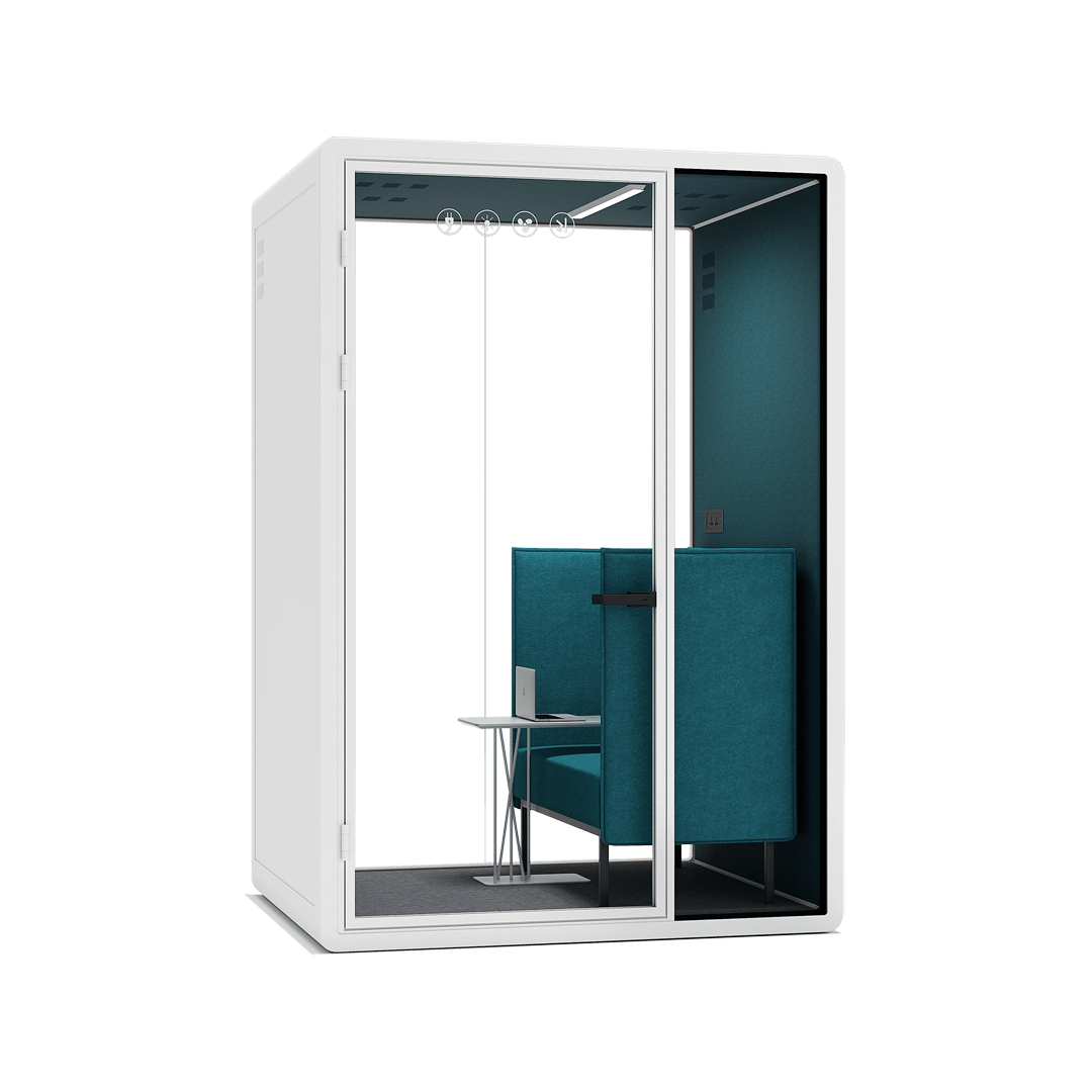 A modern office phone booth with a minimalist design and comfortable seating, ideal for private phone calls or meetings.